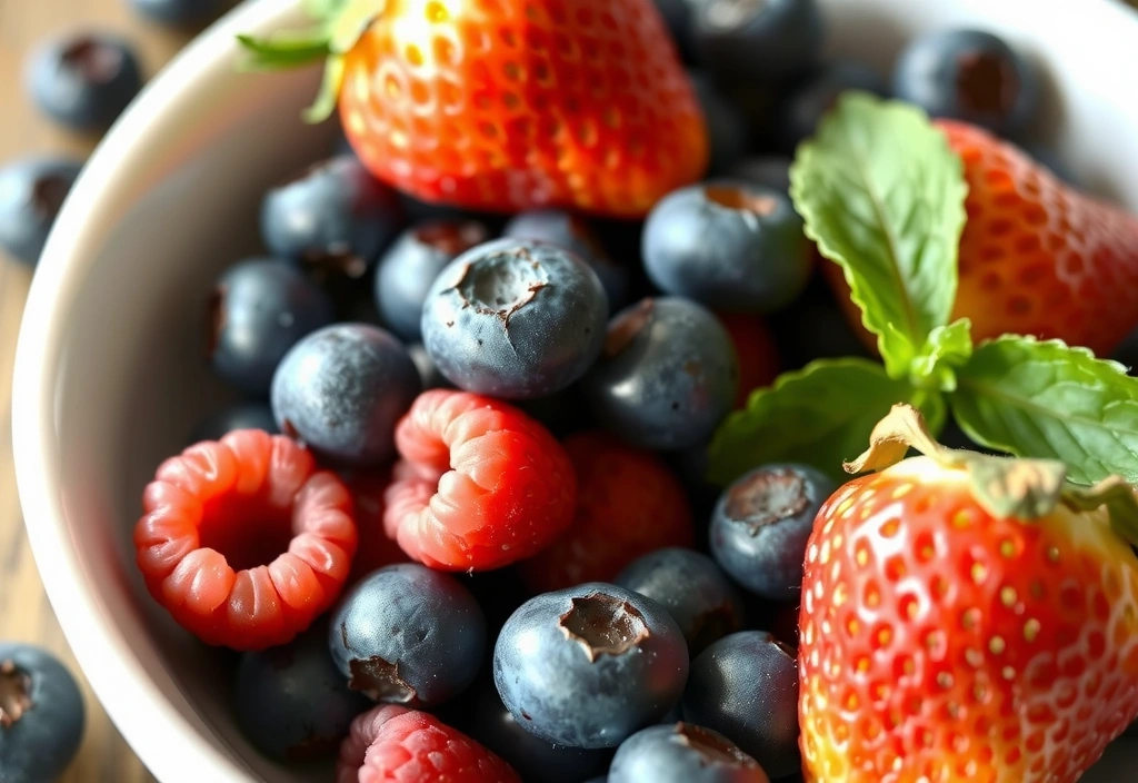 Bol plin cu fructe de pădure proaspete, bogate în vitamine și antioxidanți.
