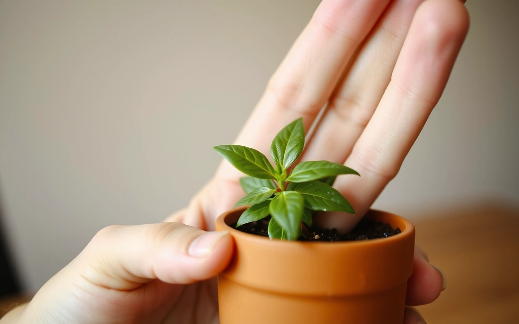 Mână care ține o plantă mică într-un ghiveci, simbolizând creștere, natură și grijă.