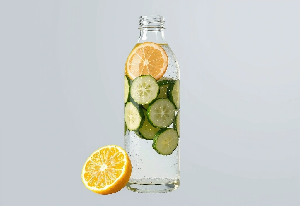 Sticlă de apă cu felii de lămâie și castravete, simbolizând hidratare și detoxifiere.