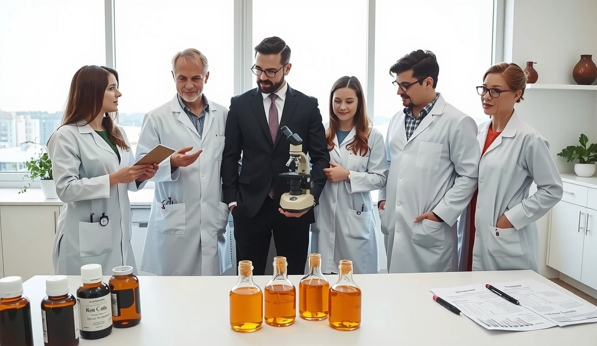 Echipă de experți în sănătate discutând într-un laborator modern, cu instrumente de cercetare și plante medicinale, reprezentând inovația și natura.