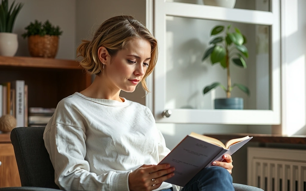 Femeie citind o carte despre nutriție.