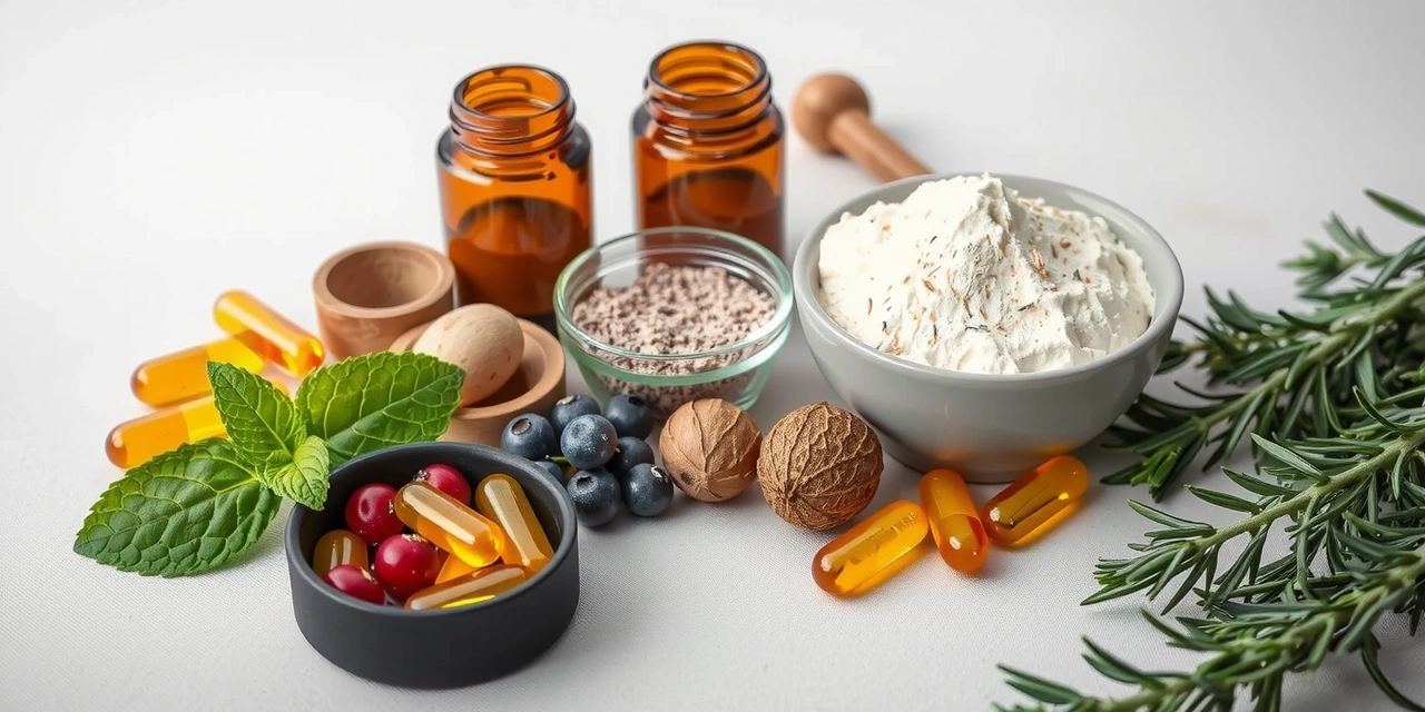 Diverse capsule și pulberi naturale în recipiente elegante, alături de plante proaspete și ingrediente organice, aranjate artistic pe o suprafață luminoasă.