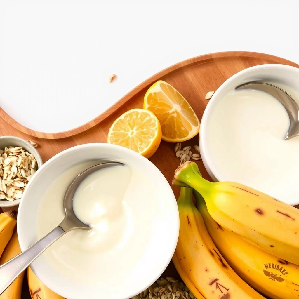 Iaurt cremos, chefir, și fibre alimentare colorate, ilustrând beneficiile probioticelor și prebioticelor pentru sănătatea digestivă.