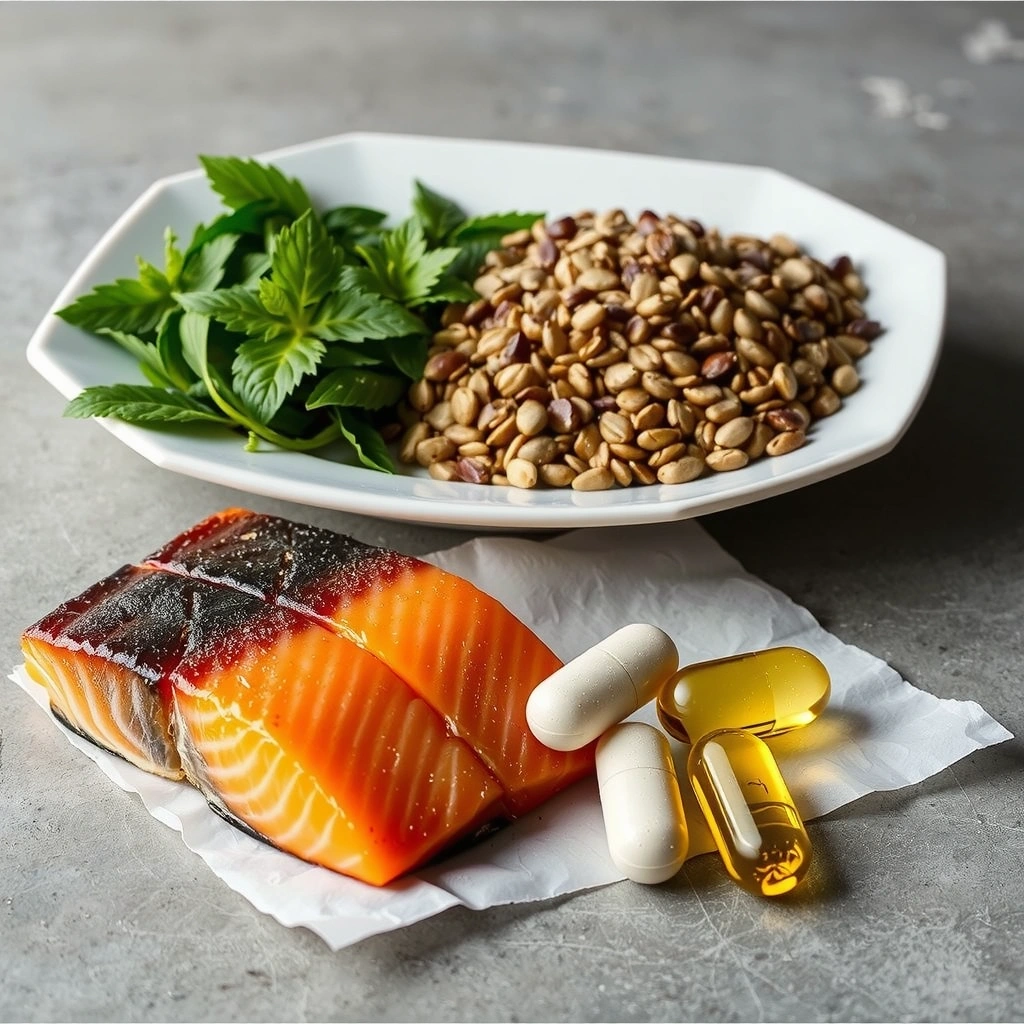 Pește gras, semințe de in, și capsule de ulei de pește, reprezentând surse bogate de acizi grași Omega-3.